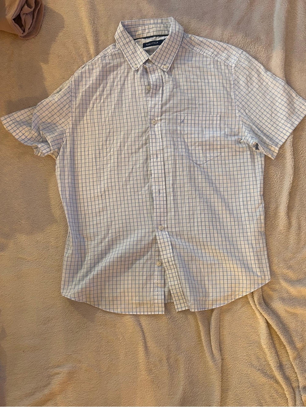 Nautica White Button-Down Short Sleeve Shirt with Light Blue Windowpane